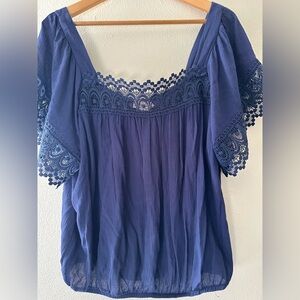Chic Lace-Trimmed Women's Blouse in Deep Blue